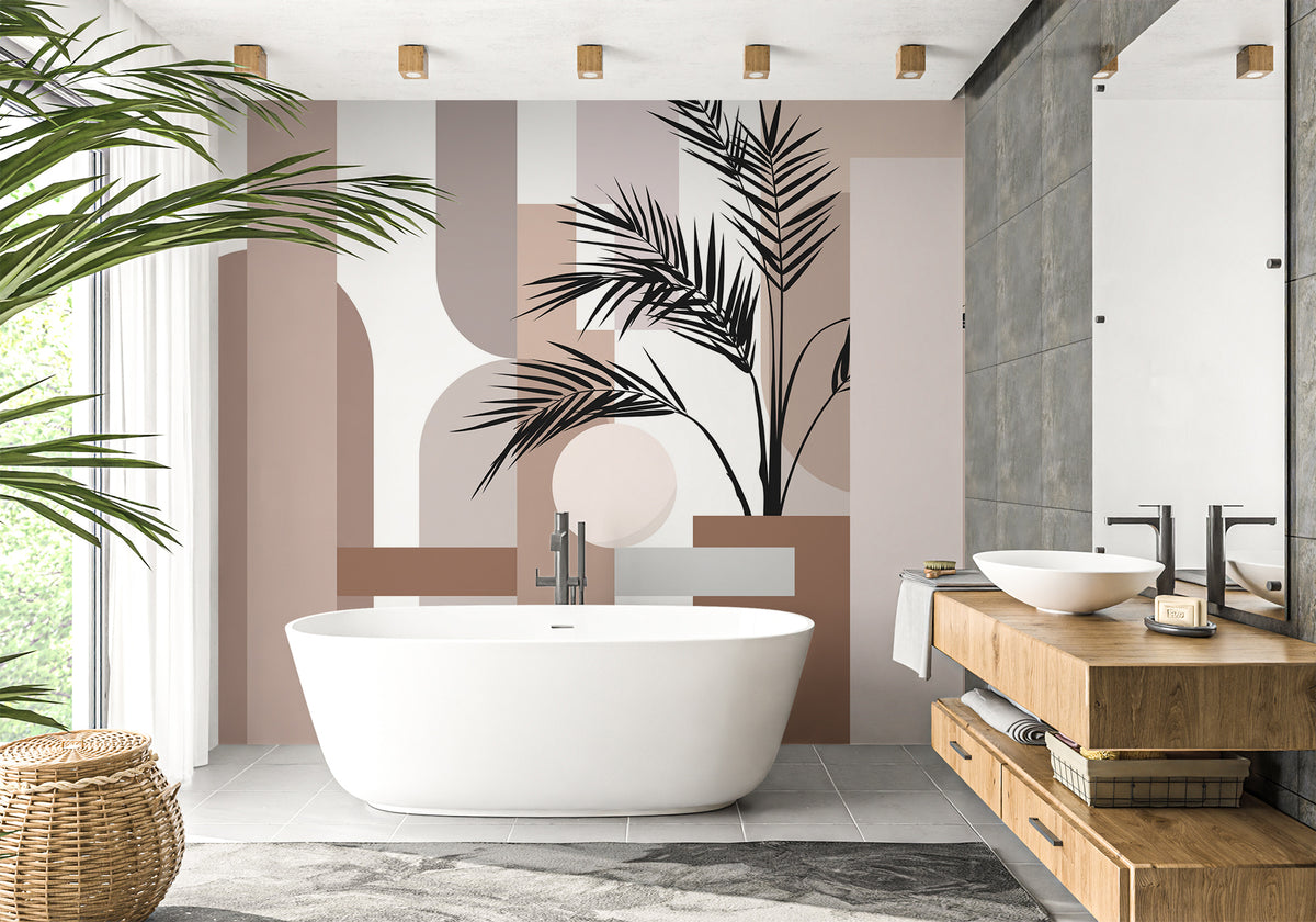 Papel pintado geométrico de terracota para el baño