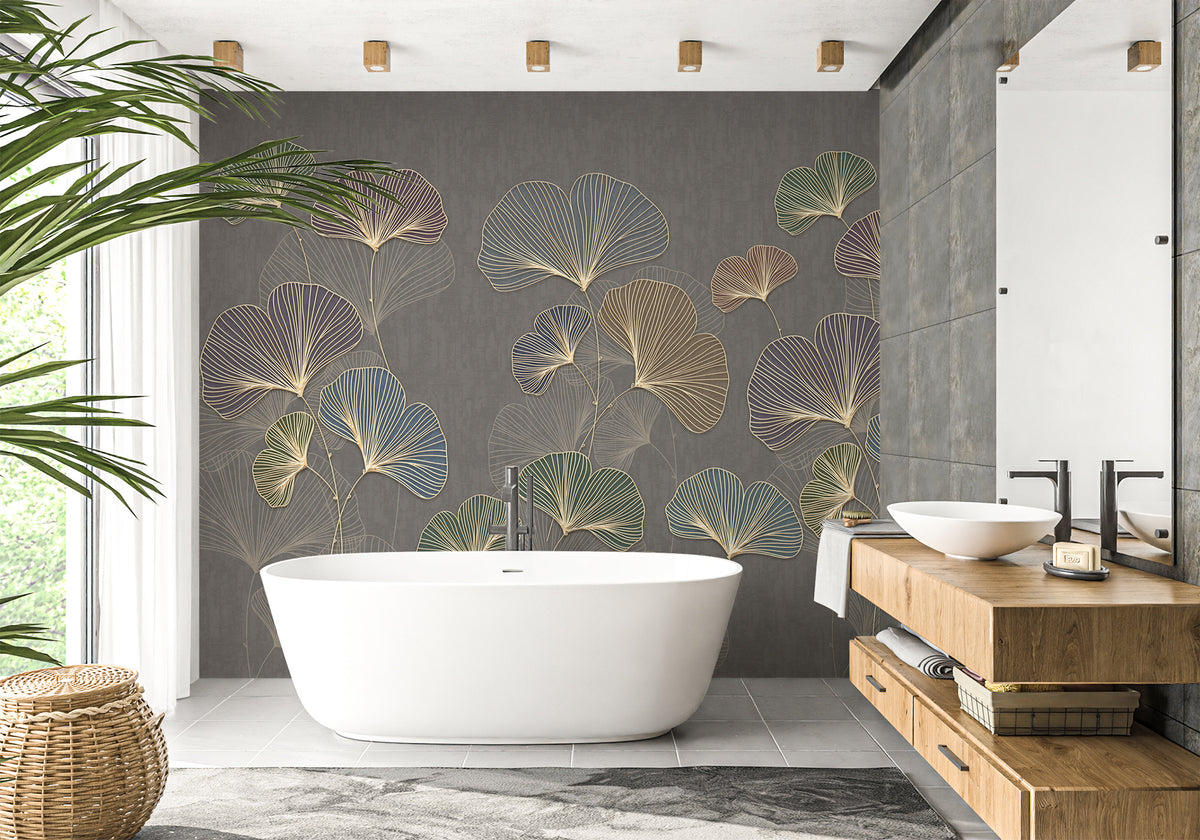 Papel pintado de moda para el cuarto de baño con ginkgo asiático