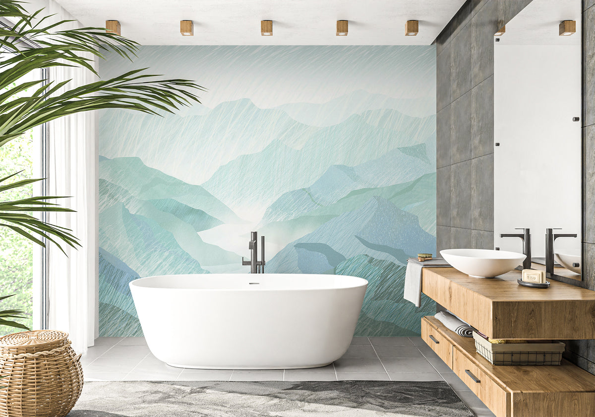 Bathroom wallpaper illustration mountains green