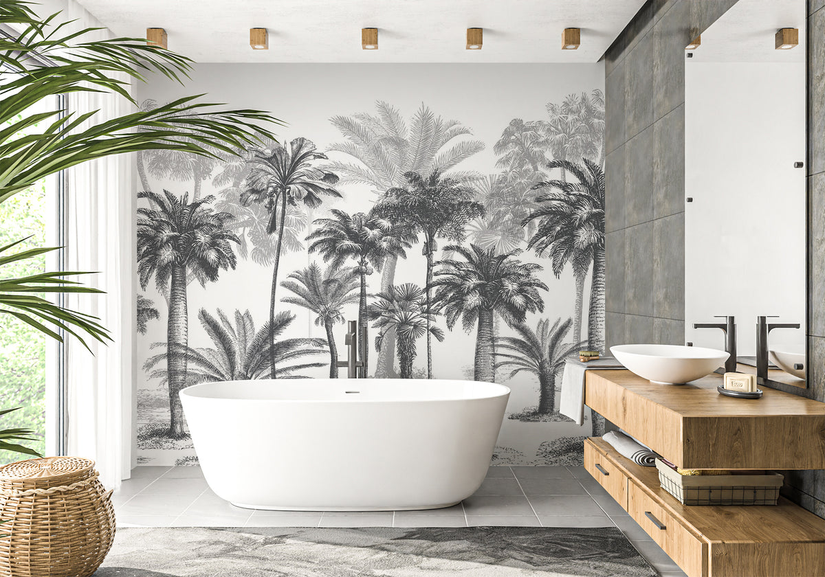 Jungle Black & White Bathroom Wallpaper