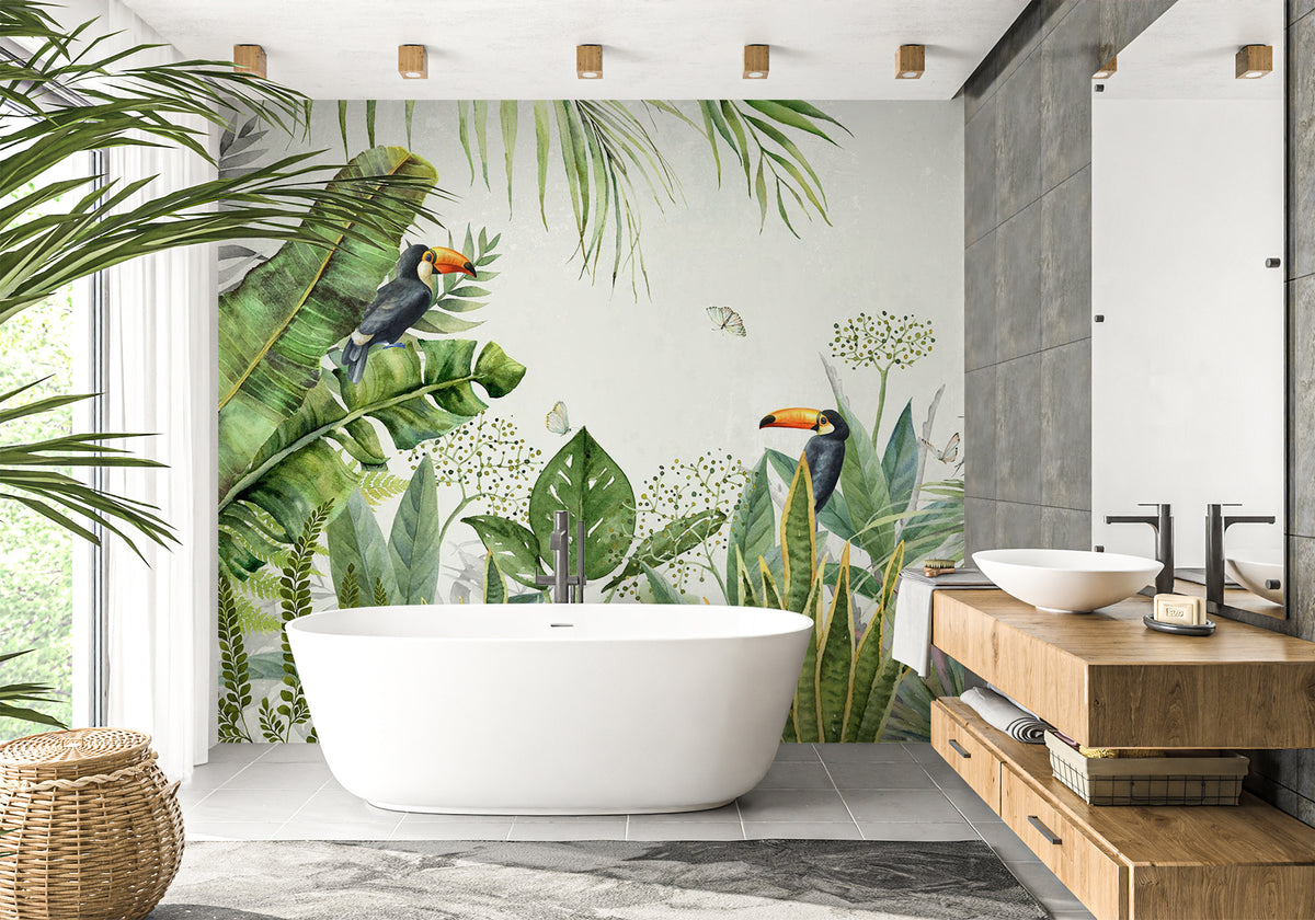 Papel pintado cuarto de baño selva pájaro exótico