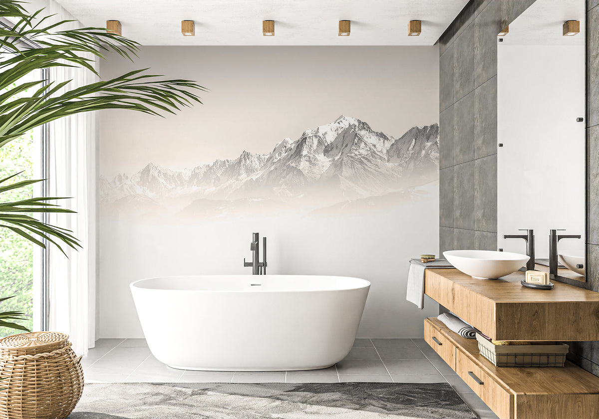 Mont Blanc bathroom wallpaper in sepia mist