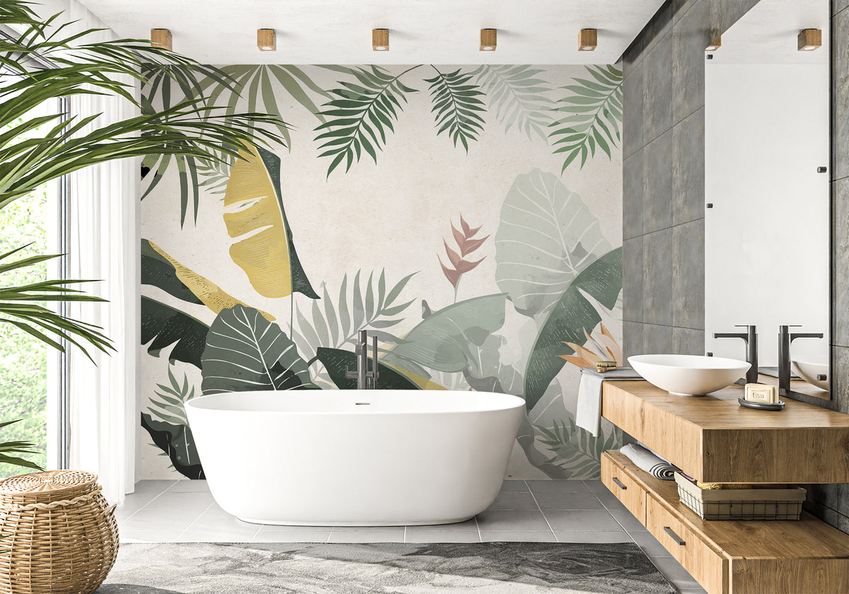 Custom-made green yellow plant bathroom wallpaper