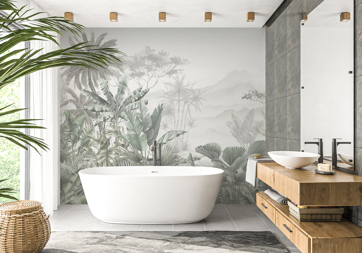 Papier peint salle de bain tendance tropical vert