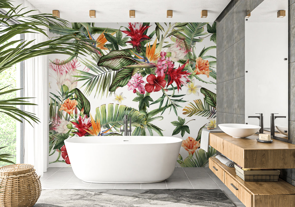 Tropical bathroom wallpaper & colorful flowers