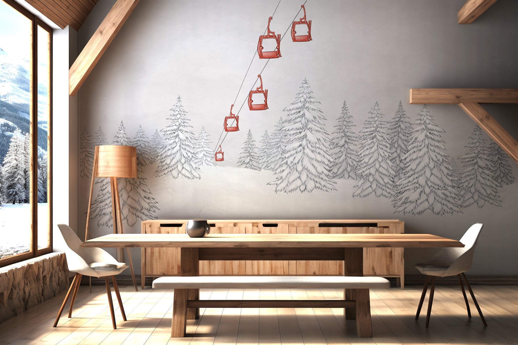 Carta da parati rossa per gondola di montagna - Muralconcept