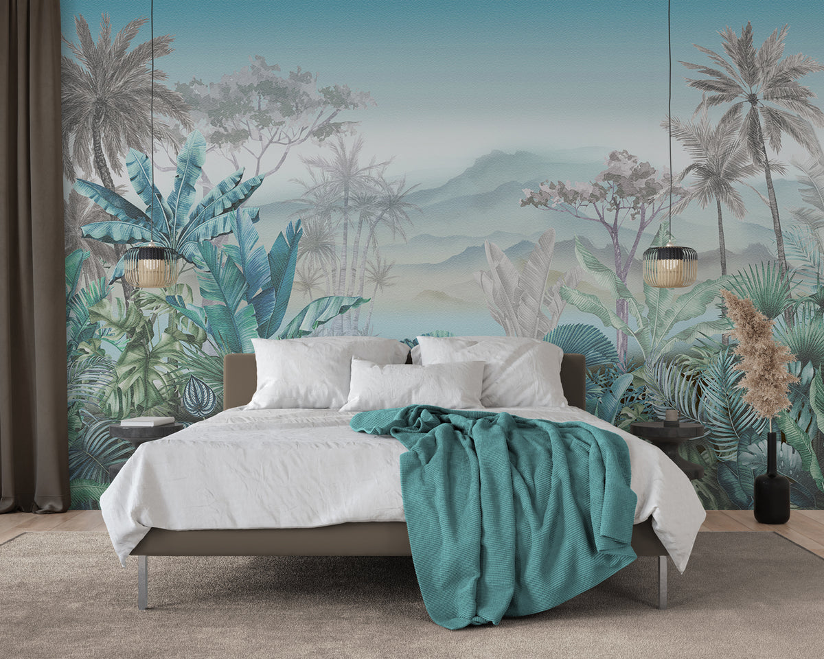 Trendy tropical blue wallpaper