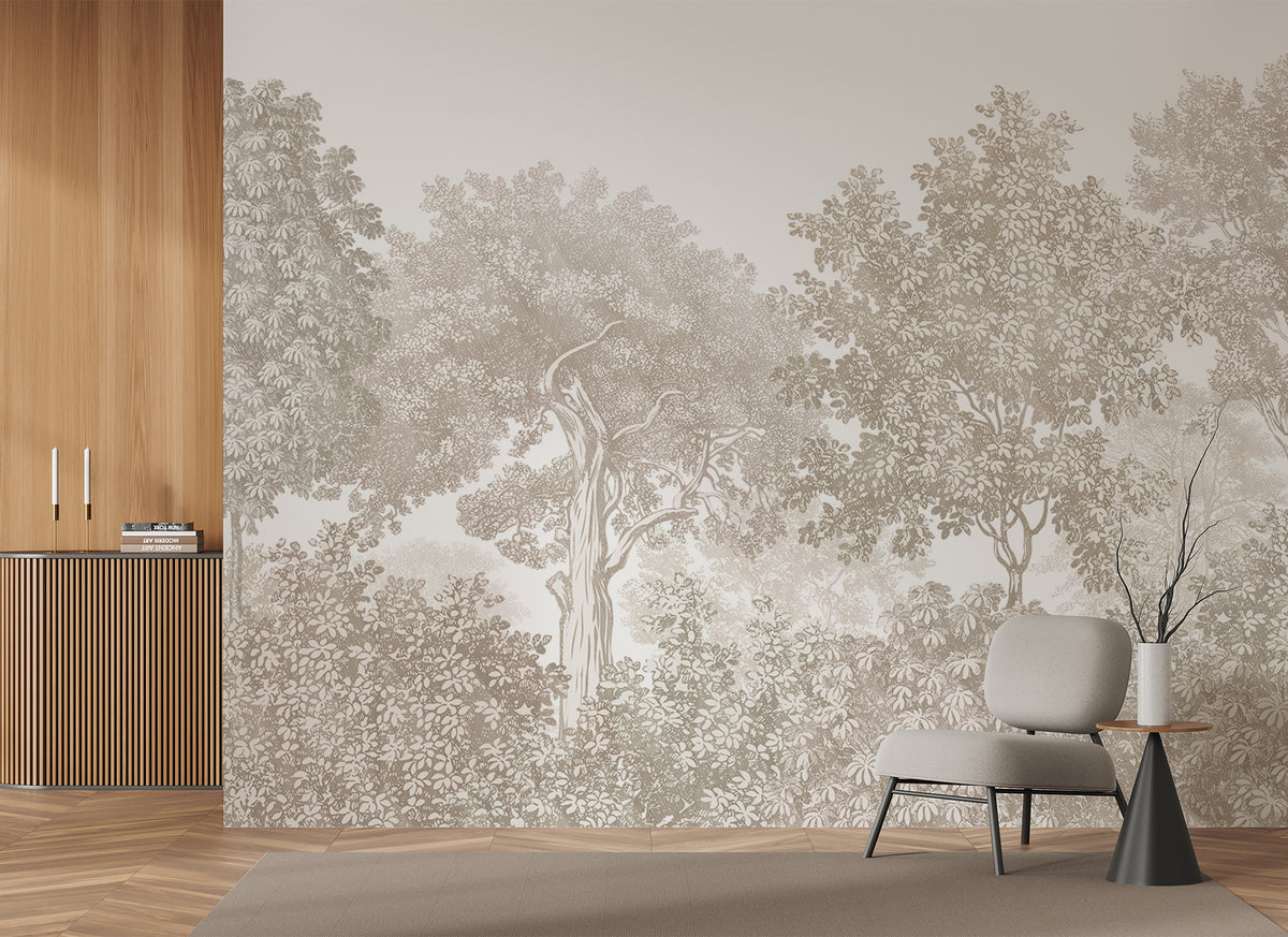 Forest landscape wallpaper beige engraving