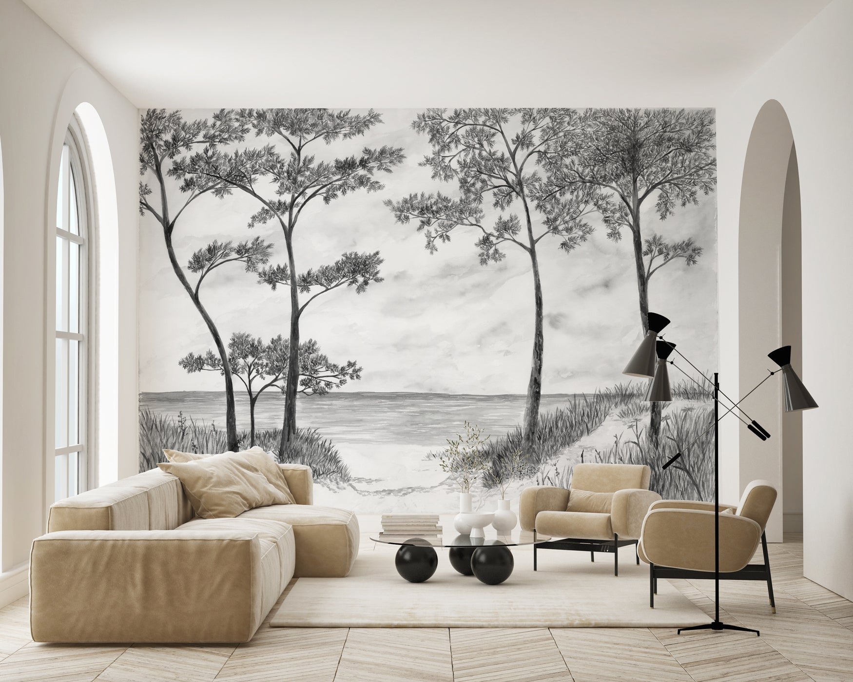 papier peint panoramique noir et blanc pins maritimes Côte Basque