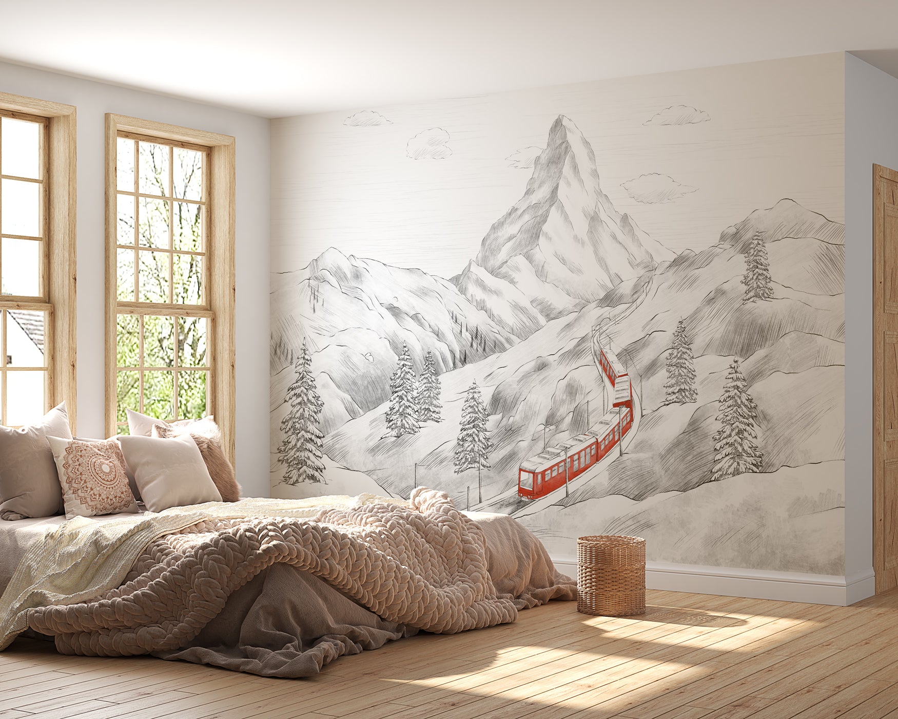 papier peint montagne suisse train rouge 