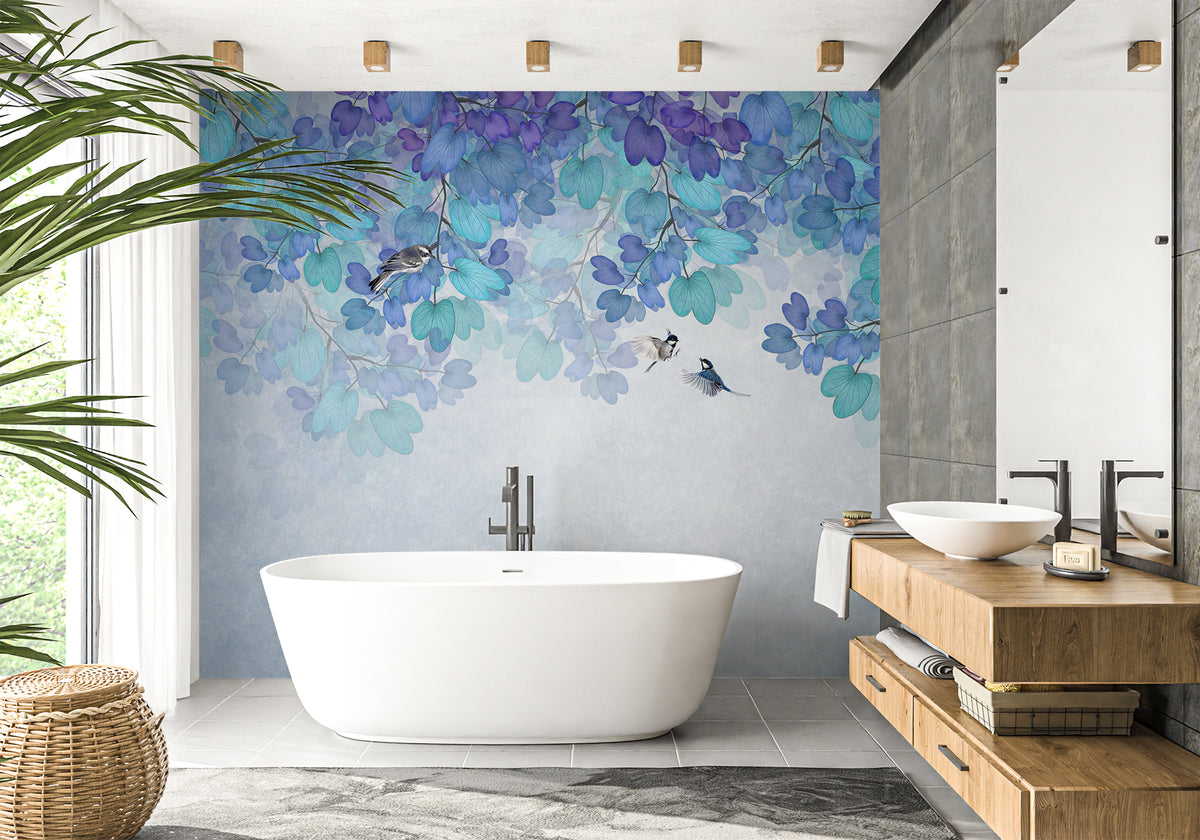 Blue leaf bathroom wallpaper