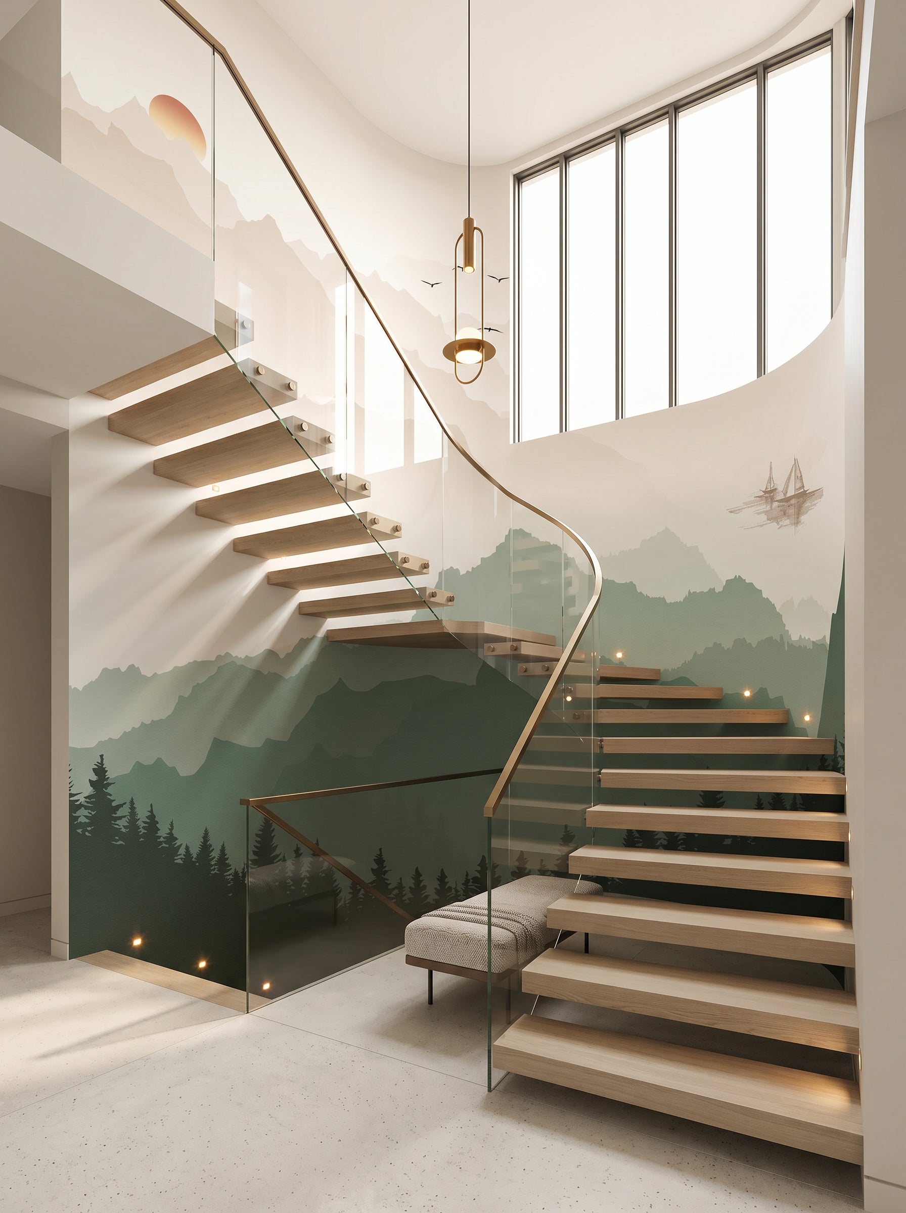 Papier peint escalier - Montagne dans brume terracotta - Muralconcept