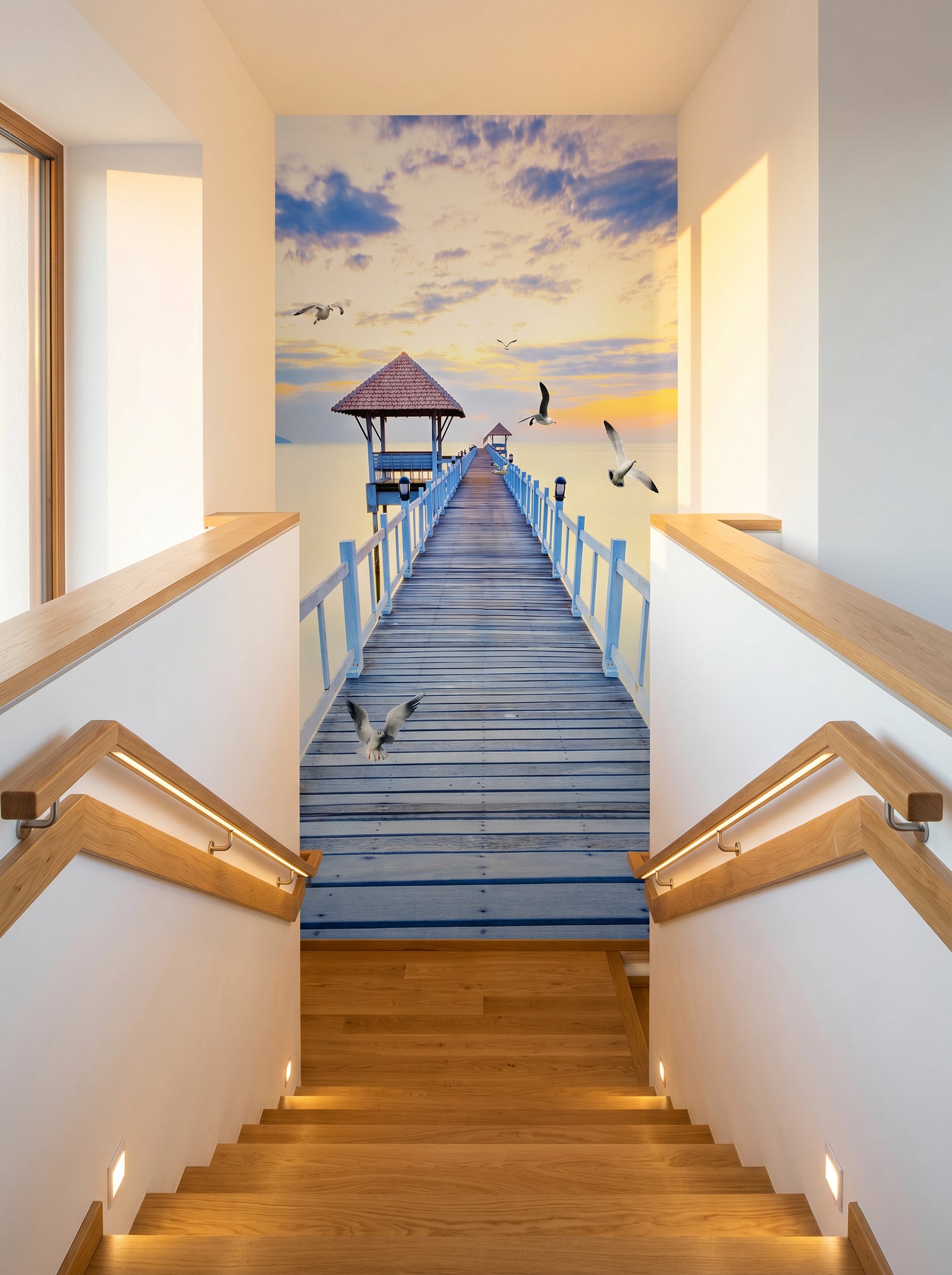 Papier peint escalier - Trompe-l'œil - Ponton vue sur mer - Muralconcept