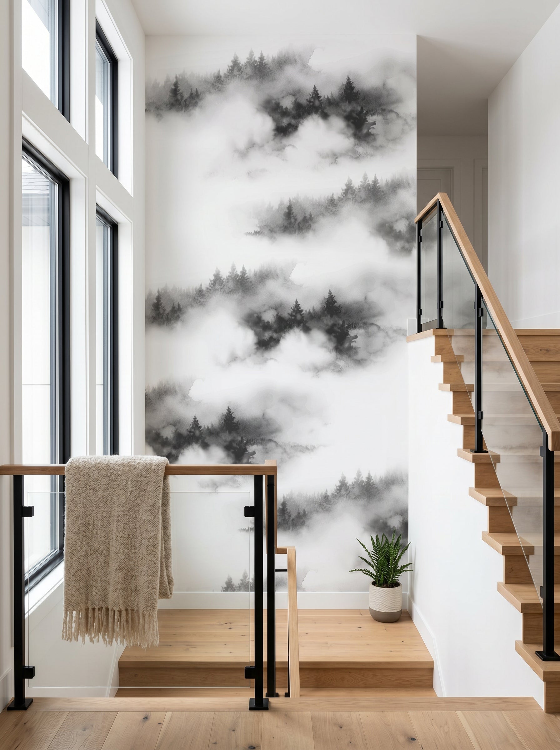Papier peint escalier - Brume des Cimes noir et blanc - Muralconcept