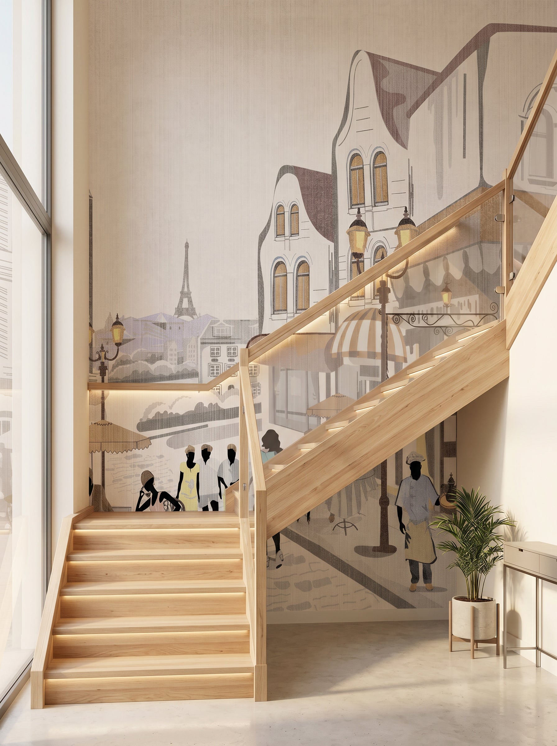 Papier peint escalier - Paris café en terrasse - Muralconcept