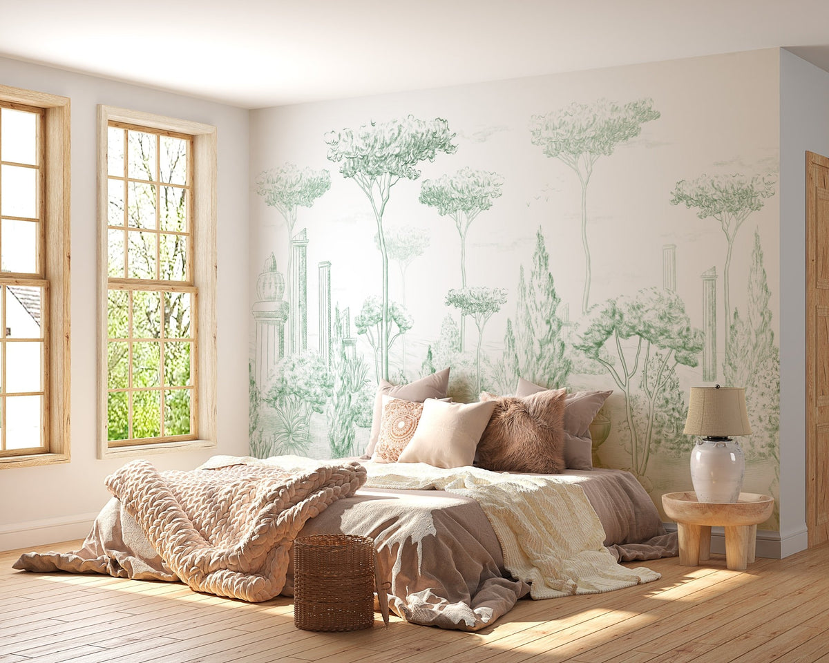 Roman style wallpaper pine forest green