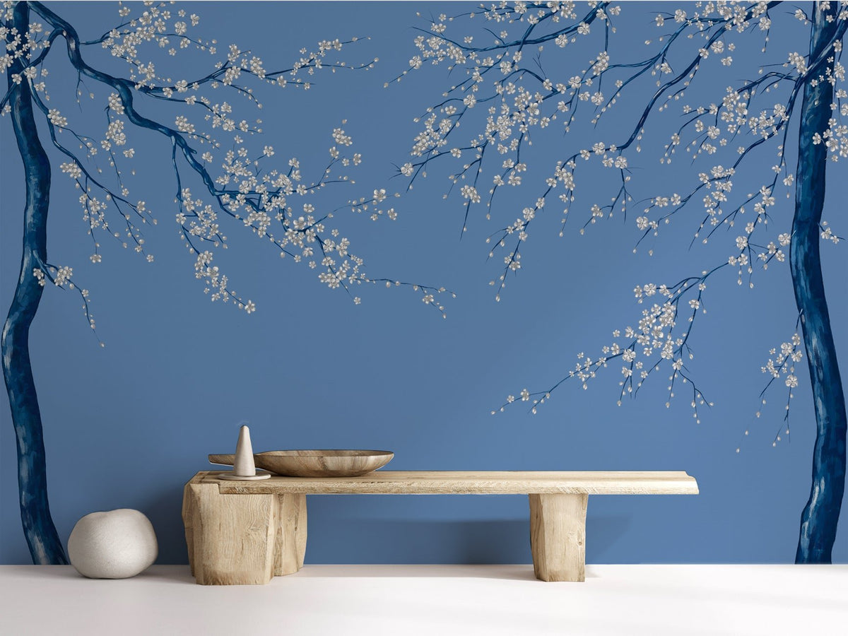 Blue Sakura flower panoramic wallpaper