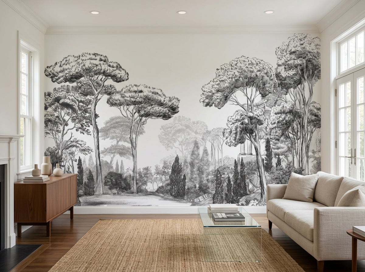 Papier peint pins élégants noirs et blancs - décor mural raffiné - Muralconcept