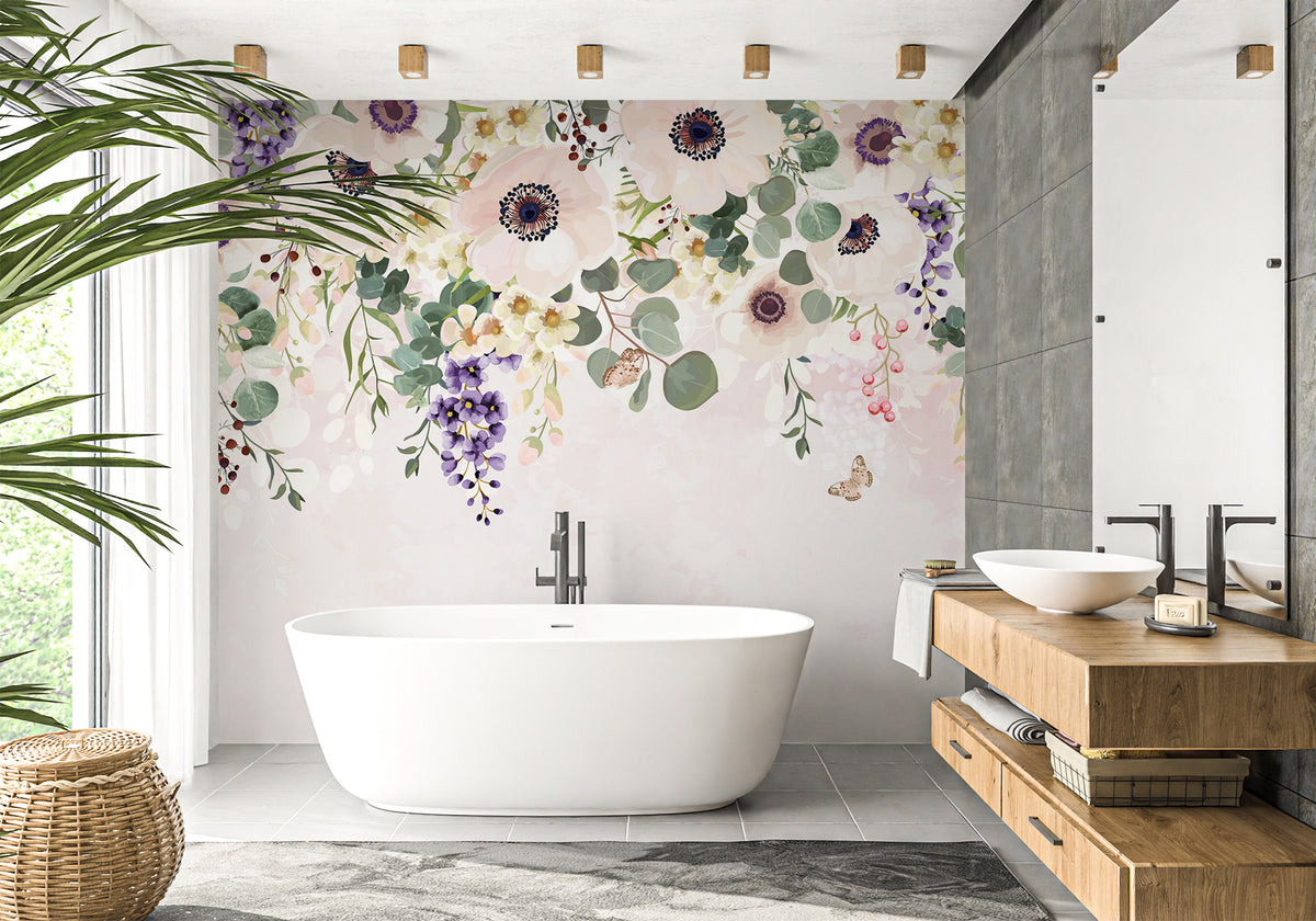 Maravilloso papel pintado de flores para el baño