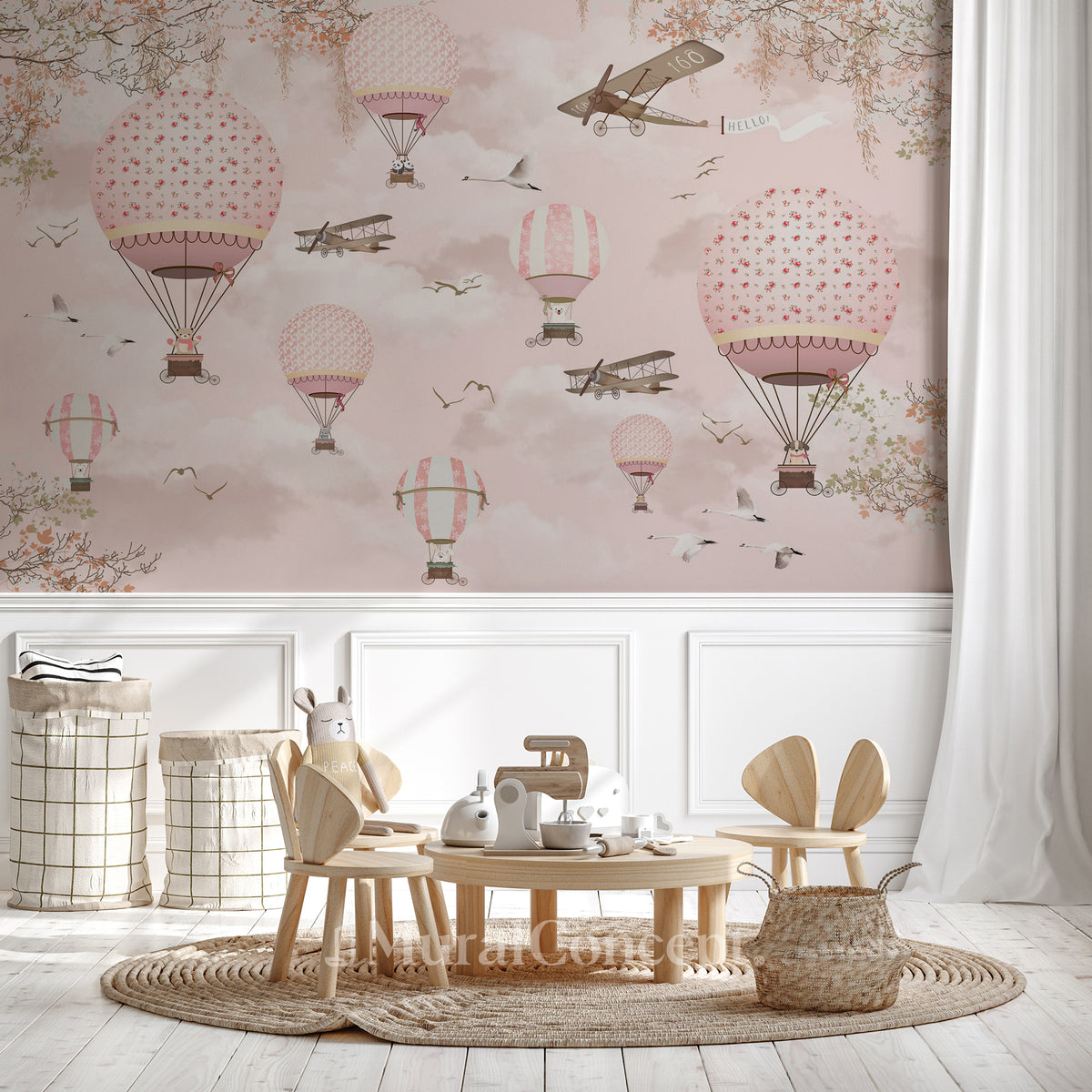 Hot-air balloon animals peach pink wallpaper