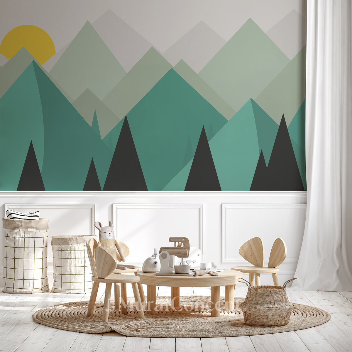 Panoramic Scandinavian geometric mountain wallpaper