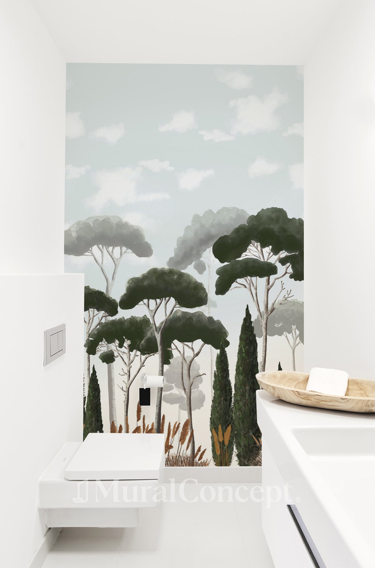 Cypress pine and pampas grass toilet wallpaper