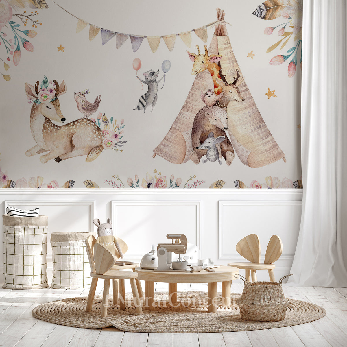 Panoramic wallpaper for children's room with cute animals