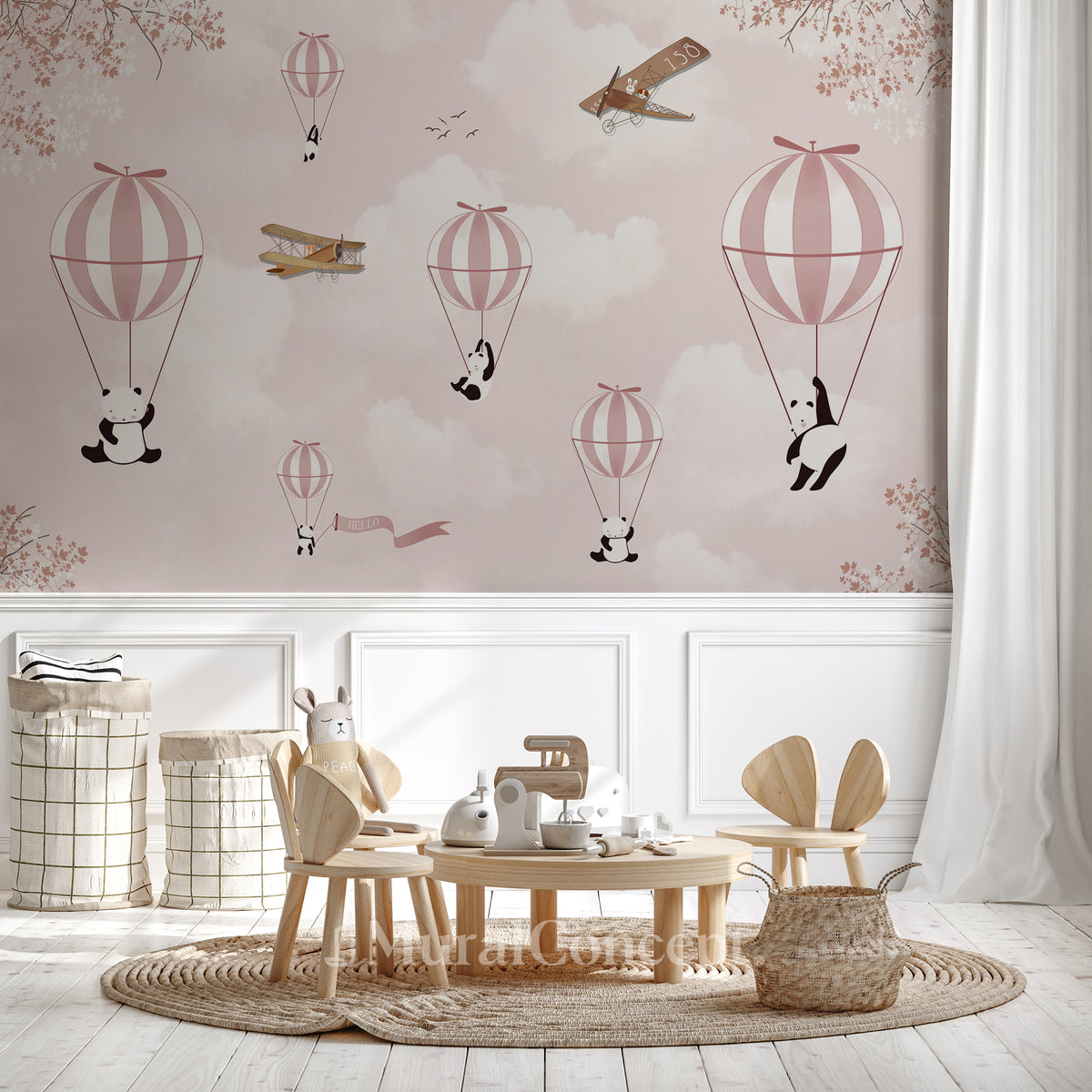 Panda cloud pink children's bedroom wallpaper