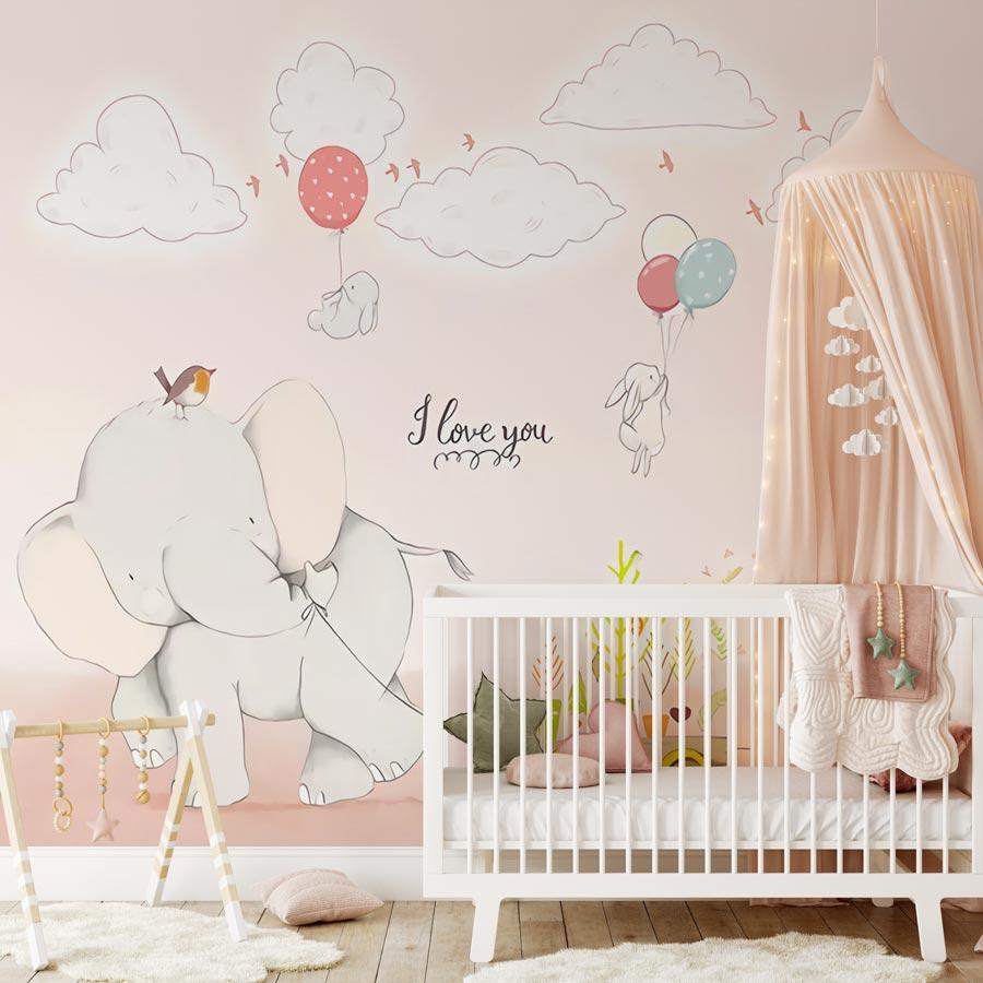 Papier peint chambre Bébé Eléphant Rose