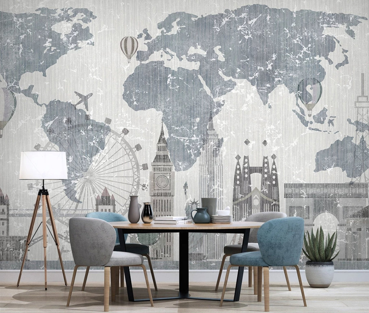 Vintage World Map & Monuments wallpaper