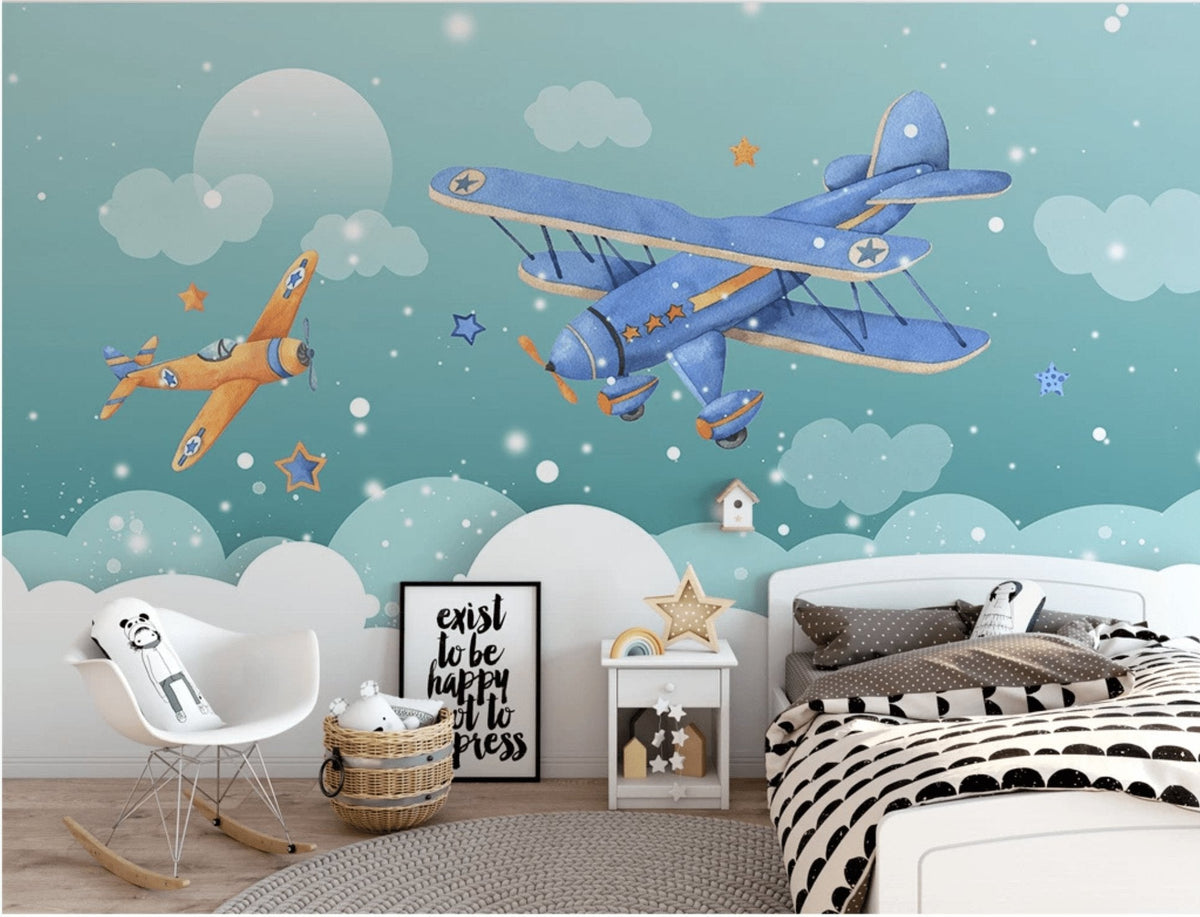 Papel pintado dormitorio infantil avión de nieve