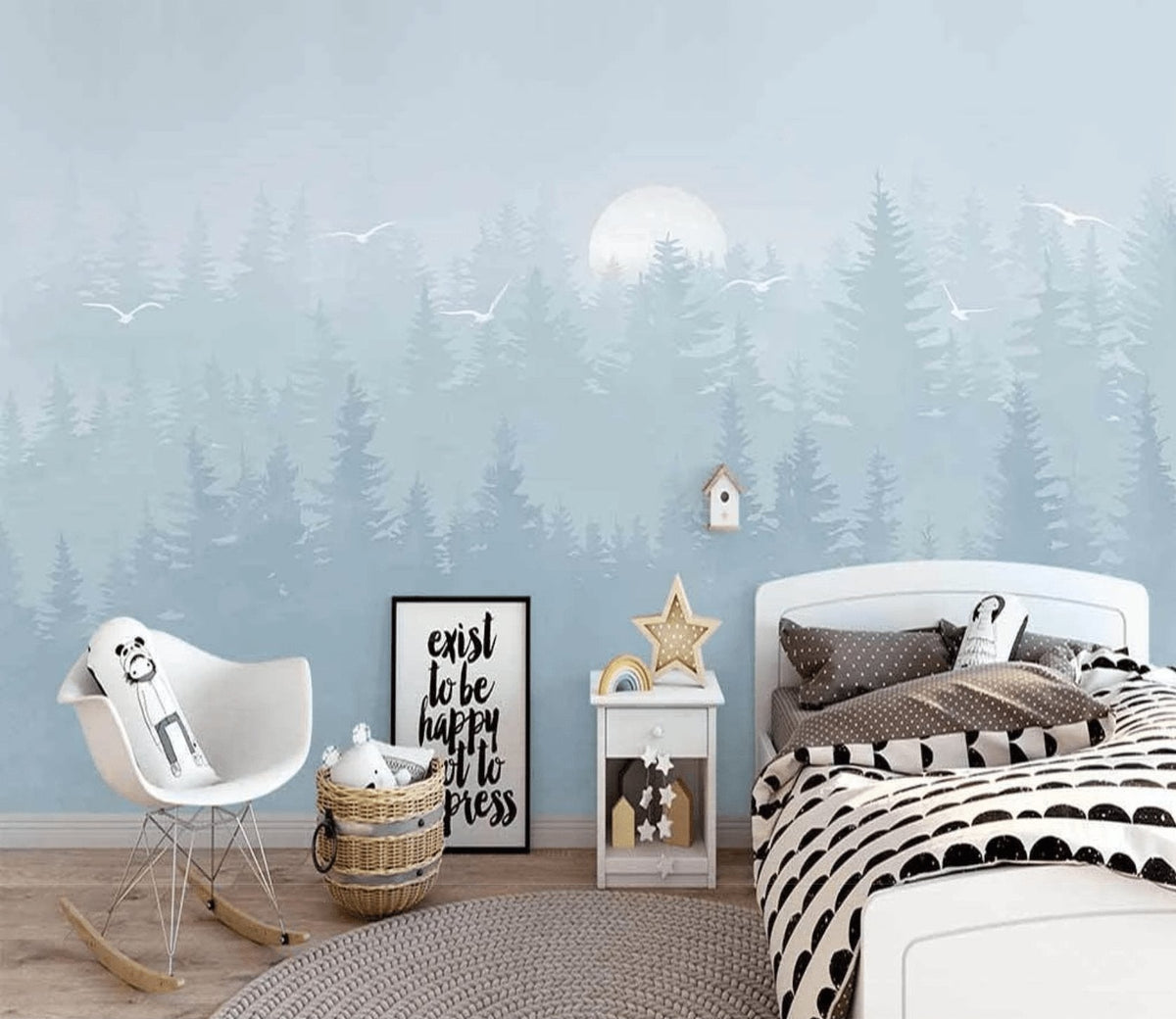 Children's bedroom wallpaper Scandinavian forest moonlight blue