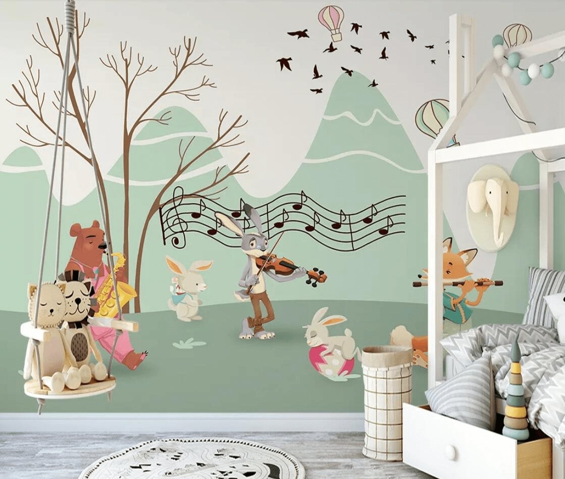 Papier peint enfant animaux en musique - papier peint sur mesure francais - muralconcept