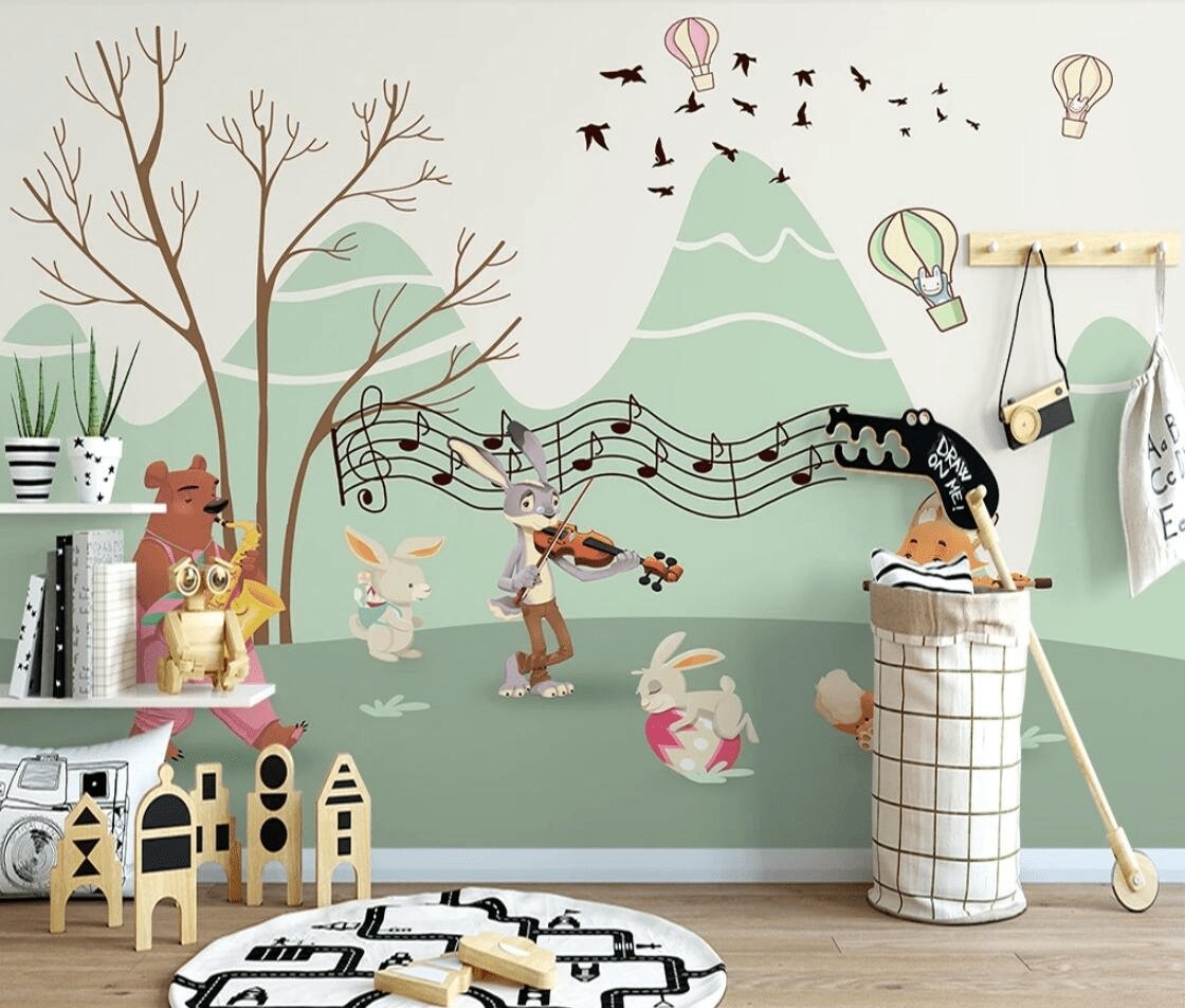 Papier peint enfant animaux en musique - papier peint sur mesure francais - muralconcept