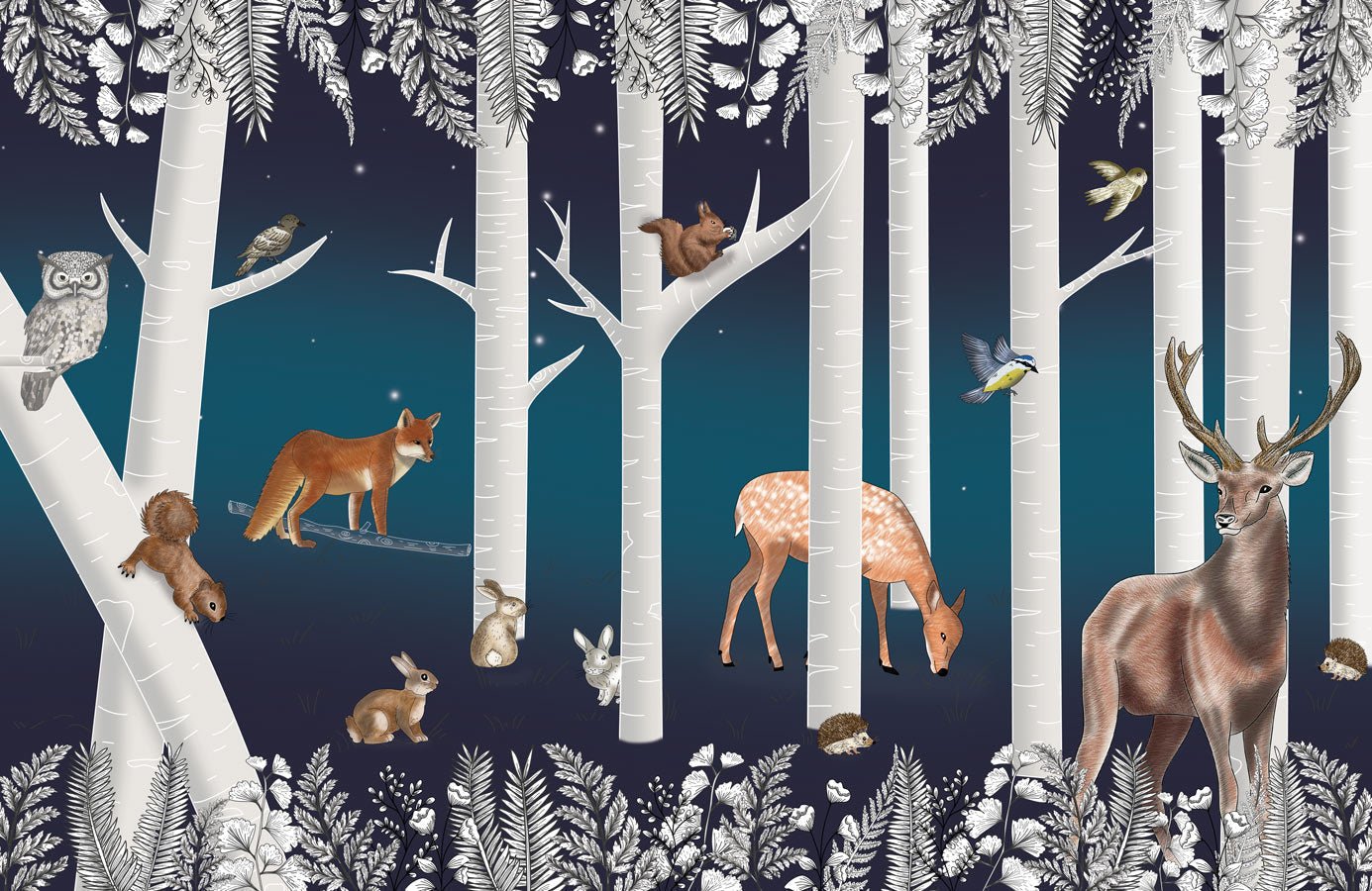 Papier peint enfant bois enchanté et ses animaux nuit étoilée - papier peint sur mesure francais - muralconcept