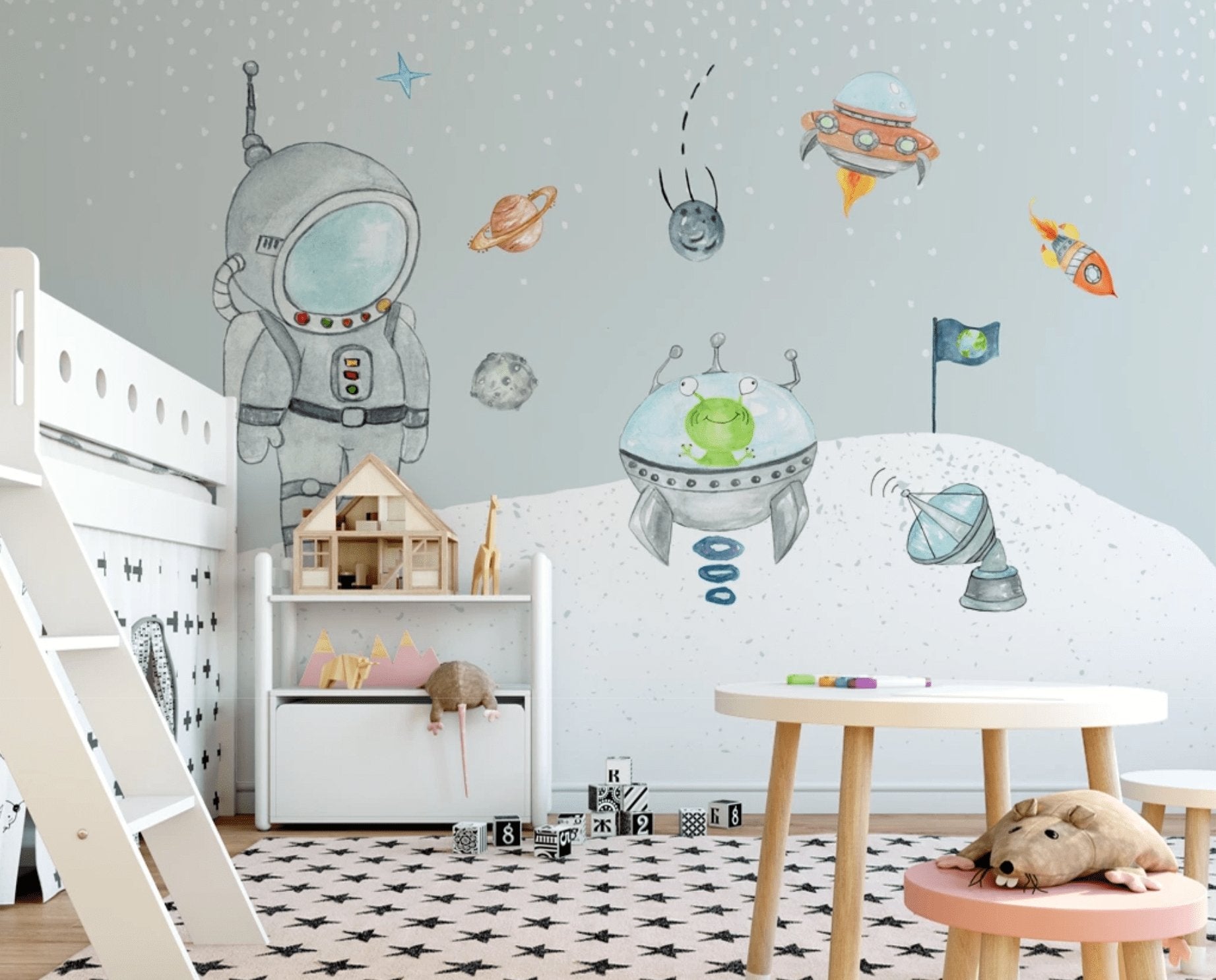 Papier peint enfant cosmonaute espace fusée - papier peint sur mesure francais - muralconcept