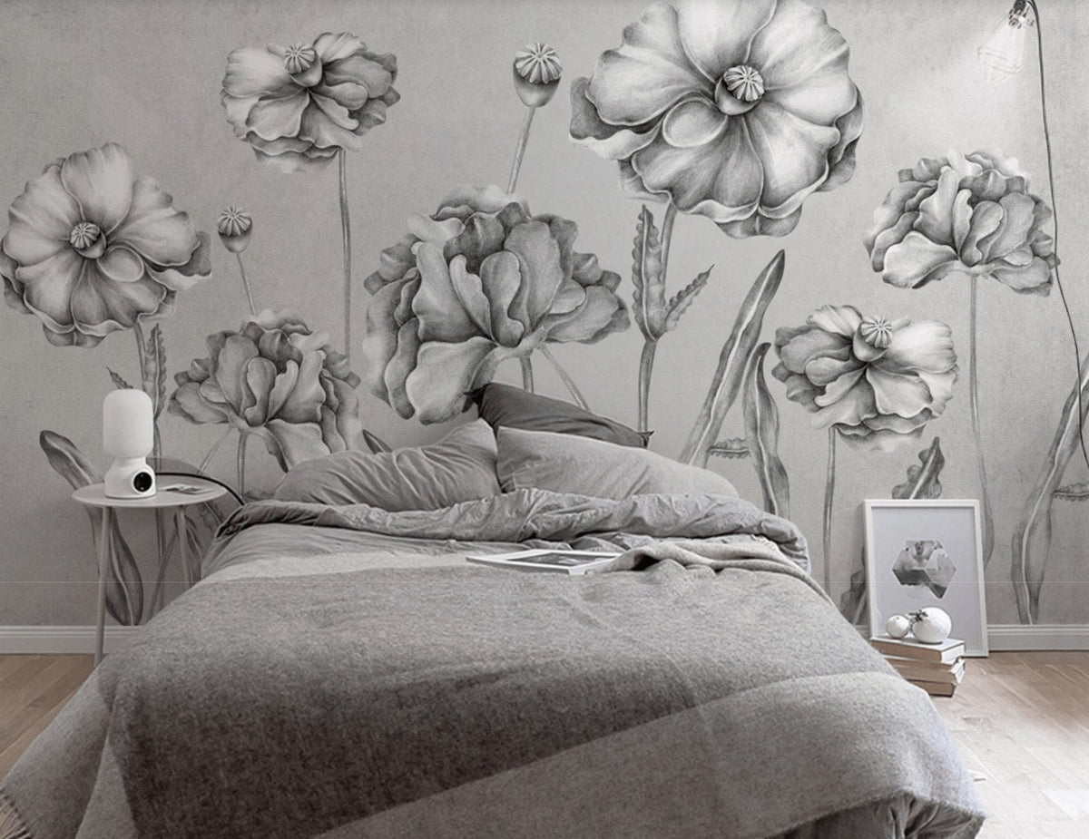 Black and white bucolic flowers wallpaper