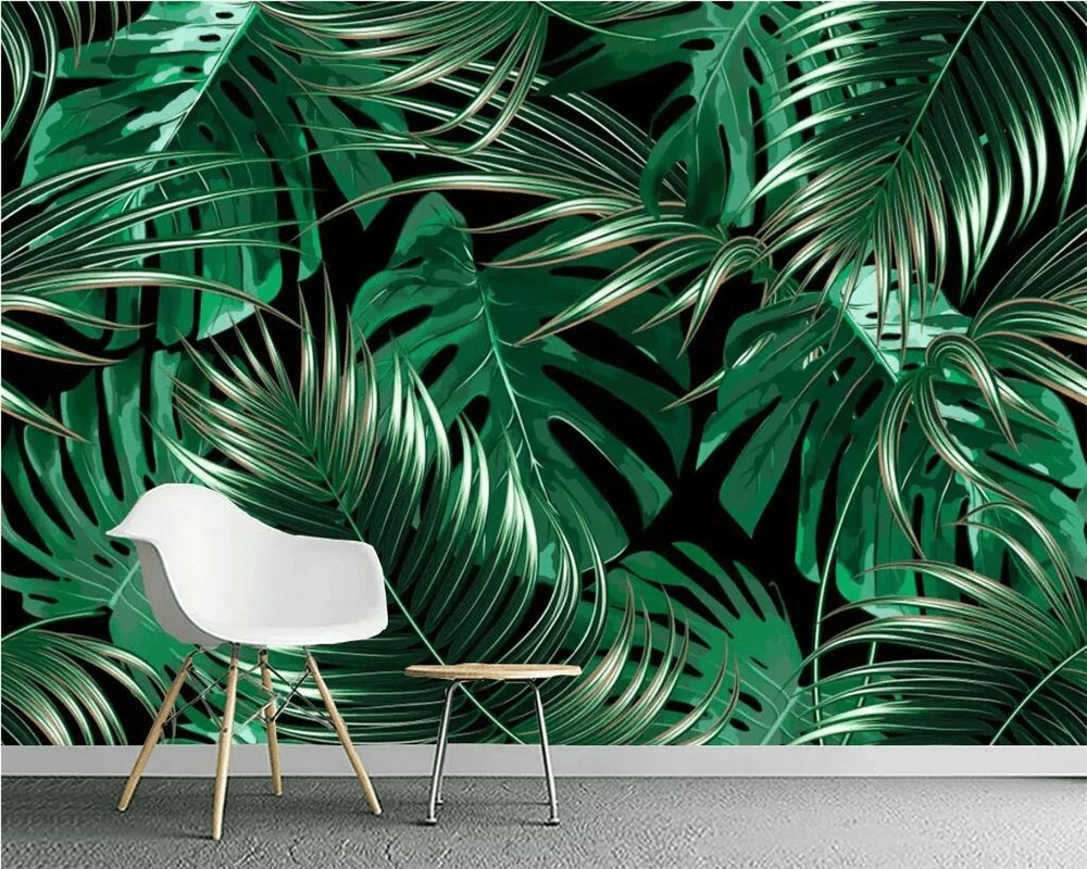 Non-woven wallpaper large green leaves