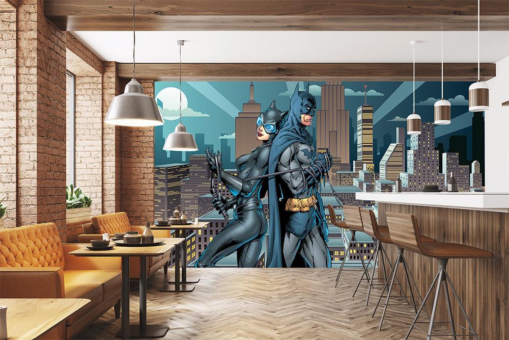 Panoramic wallpaper batman catwoman ensemble in town