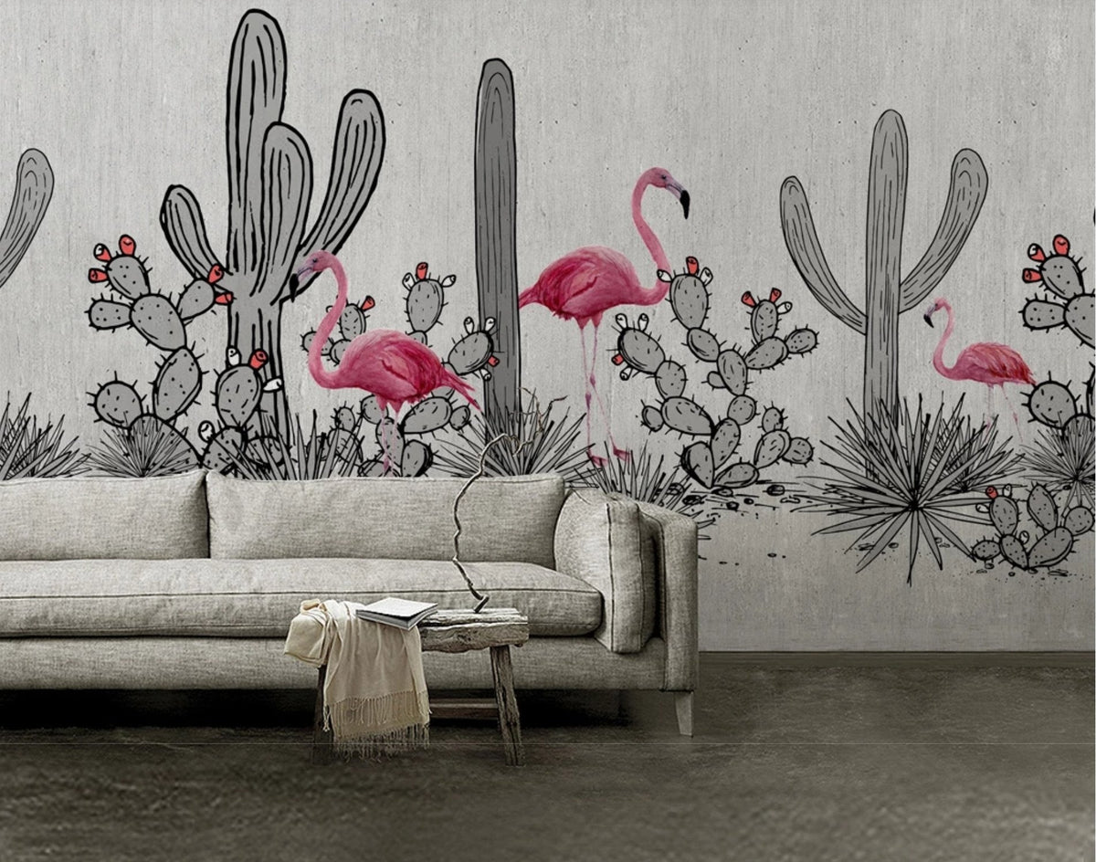 Papel pintado Panorámica de cactus y flamencos rosas