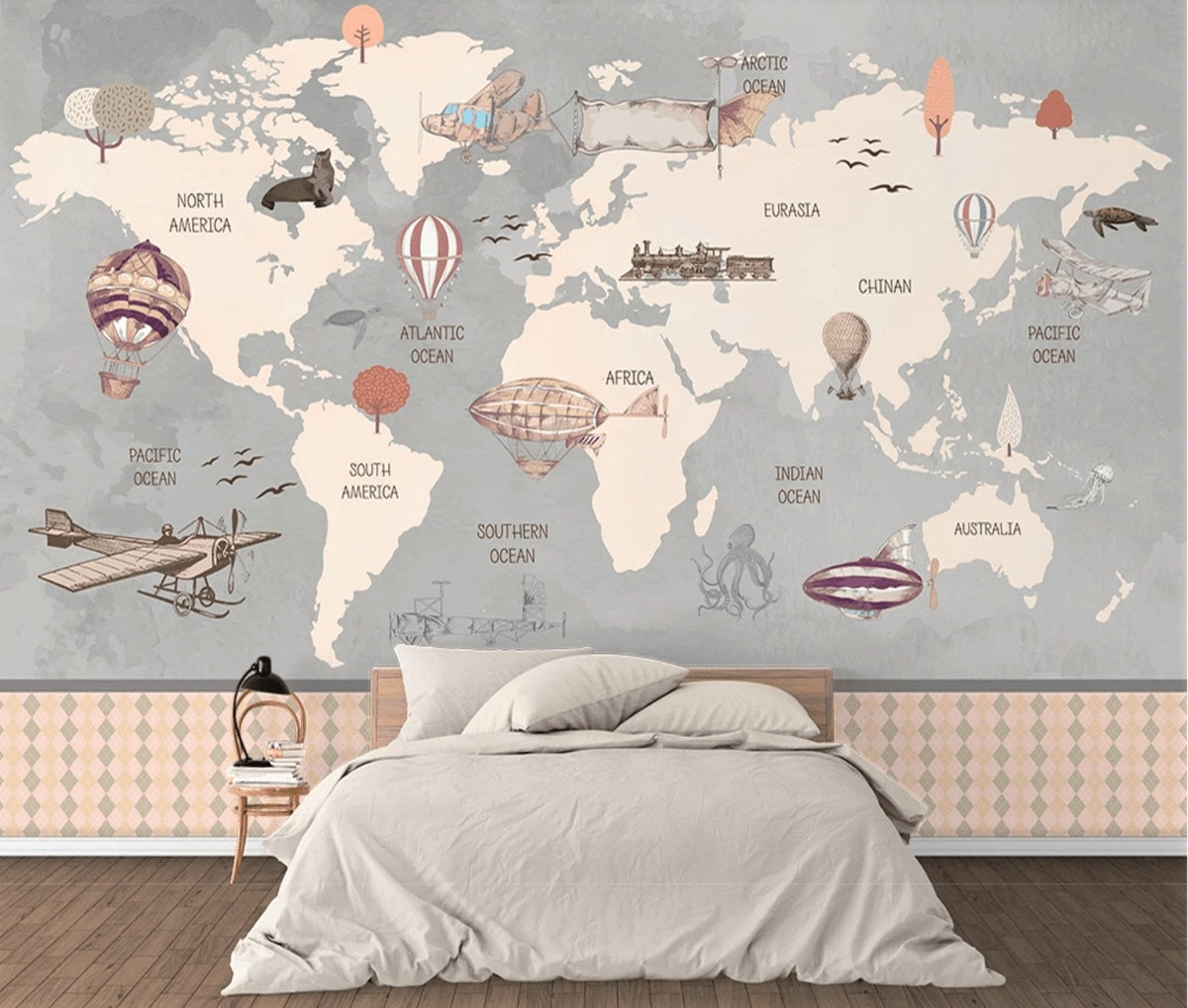 Kids panoramic world map wallpaper