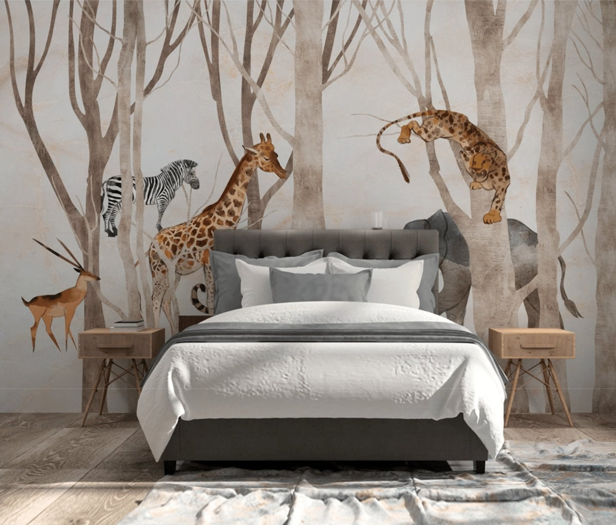 Papel pintado infantil panorámico de animales de la selva y el bosque