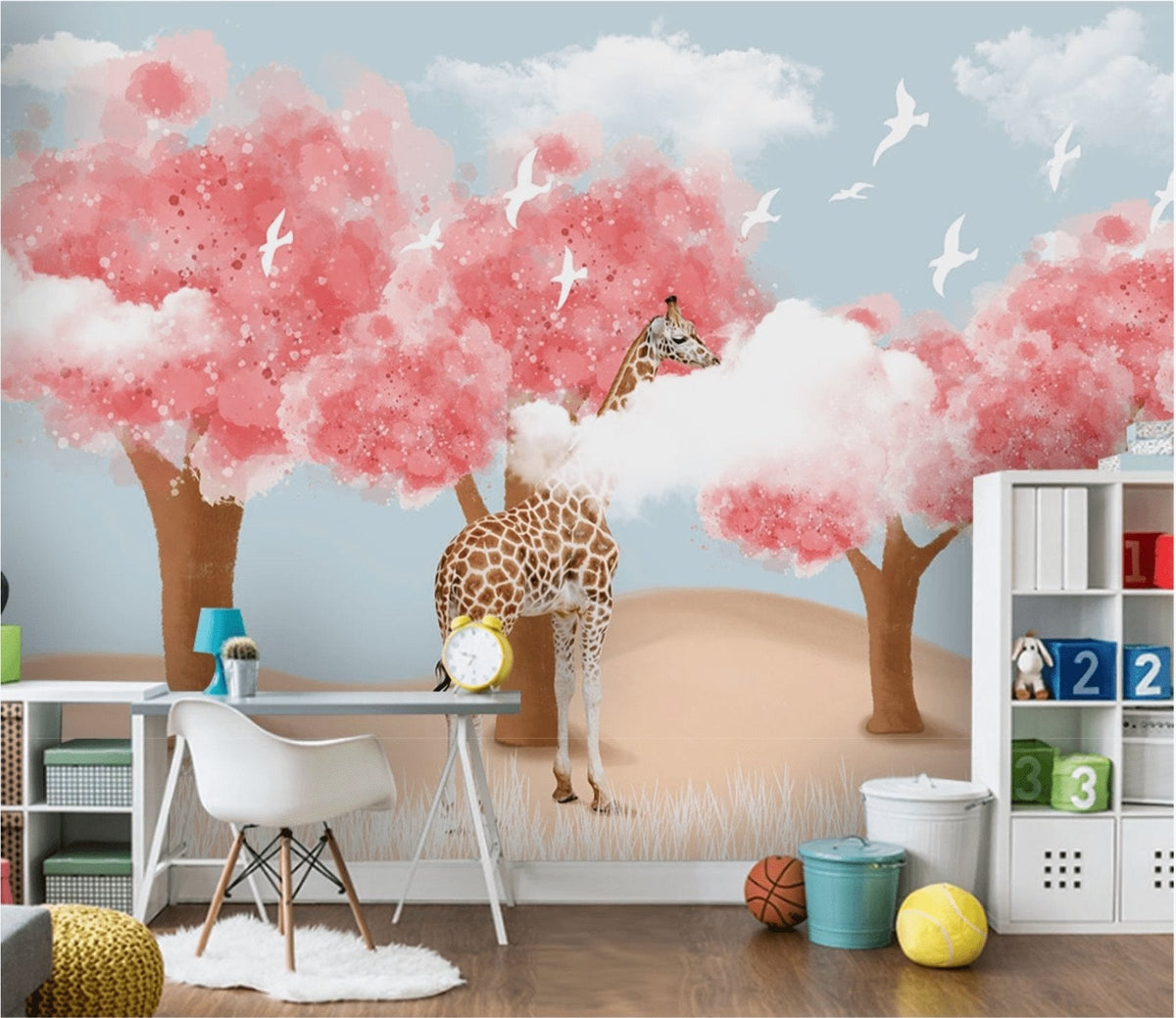 Papier peint panoramique enfant scandinave Girafe & Arbres