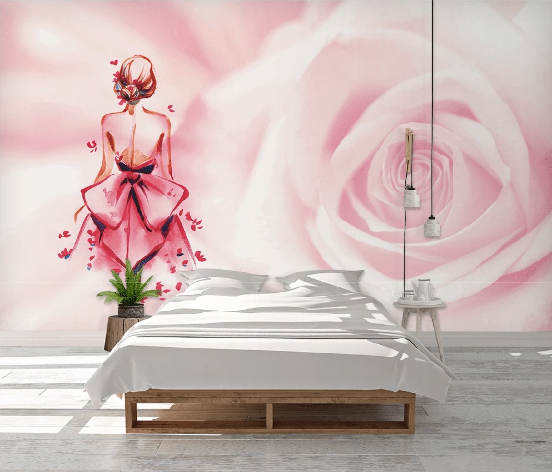 Papier peint panoramique romantique rose floral - papier peint sur mesure francais - muralconcept