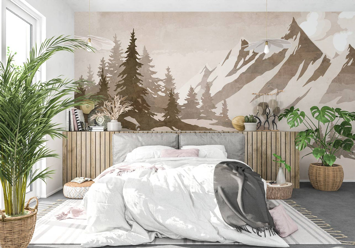 Vintage sepia-toned fir and mountain wallpaper