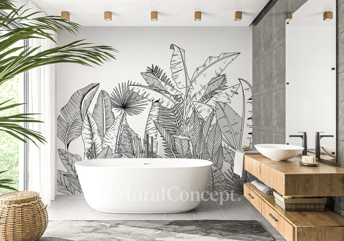 Papel pintado blanco y negro de hojas botánicas para cuarto de baño