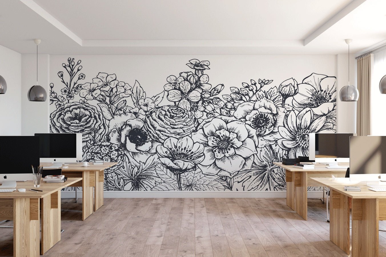 Papier peint bouquet floral noir et blanc - Muralconceptpapier_peint_sur_mesure