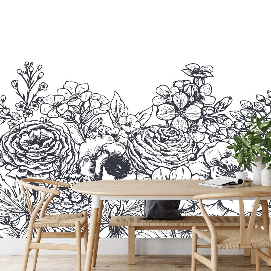 Papier peint bouquet floral noir et blanc - Muralconceptpapier_peint_sur_mesure