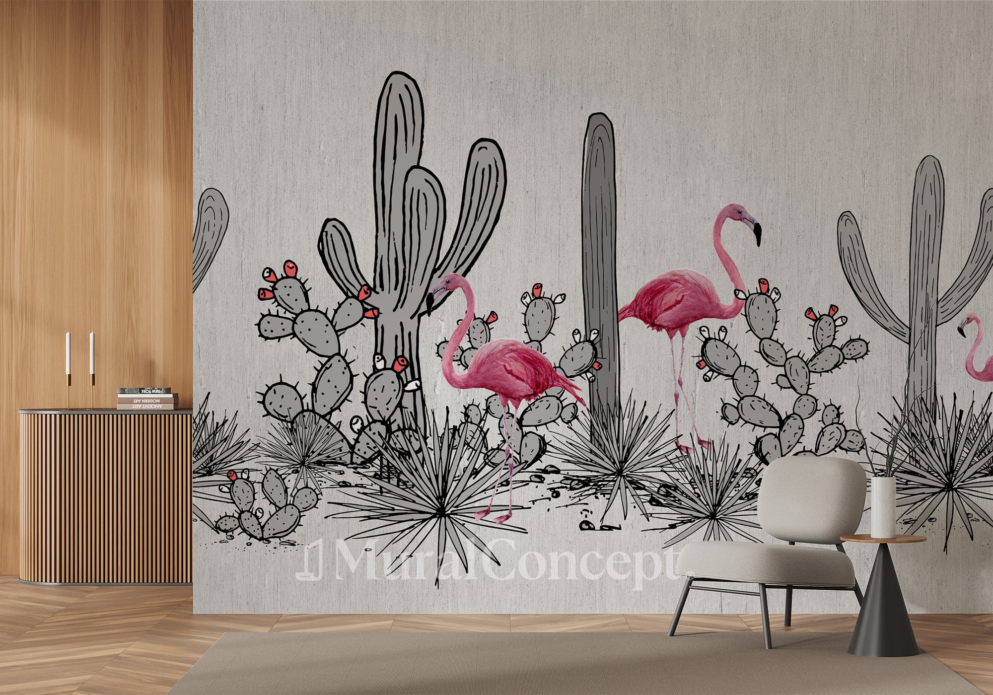 Papier peint panoramique cactus & flamant rose - panoramique français