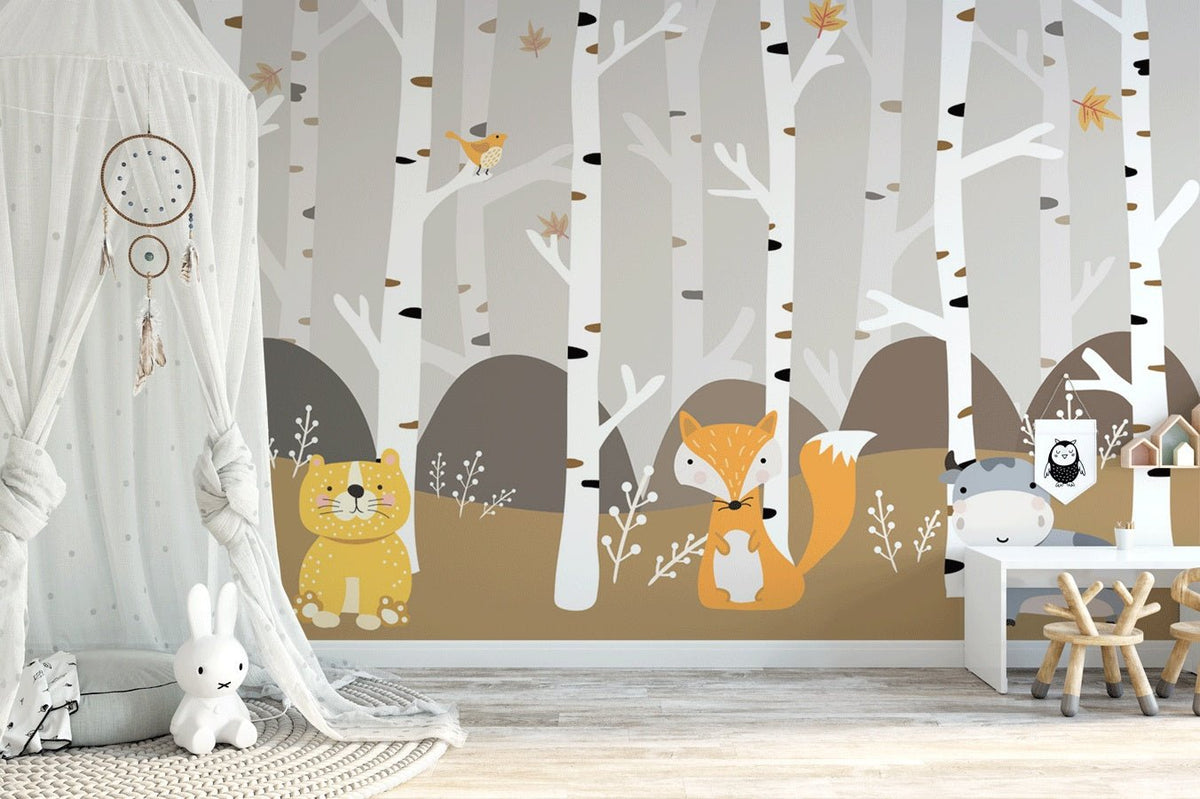 Wallpaper baby room animals in the forest